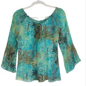 Vintage Boho Pleated Blouse Geometric Floral Blue Teal Green size Medium